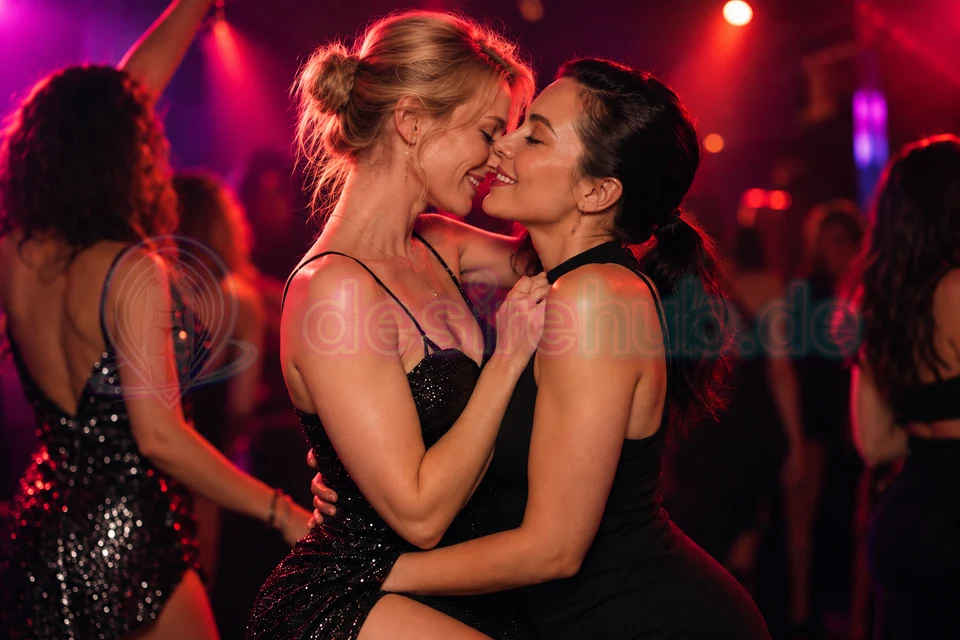 Zwei Frauen halten einander beim Tanzen und lächeln sich im pinkroten Clublicht an. KI-generiertes Symbolbild, kein realer Betrieb.